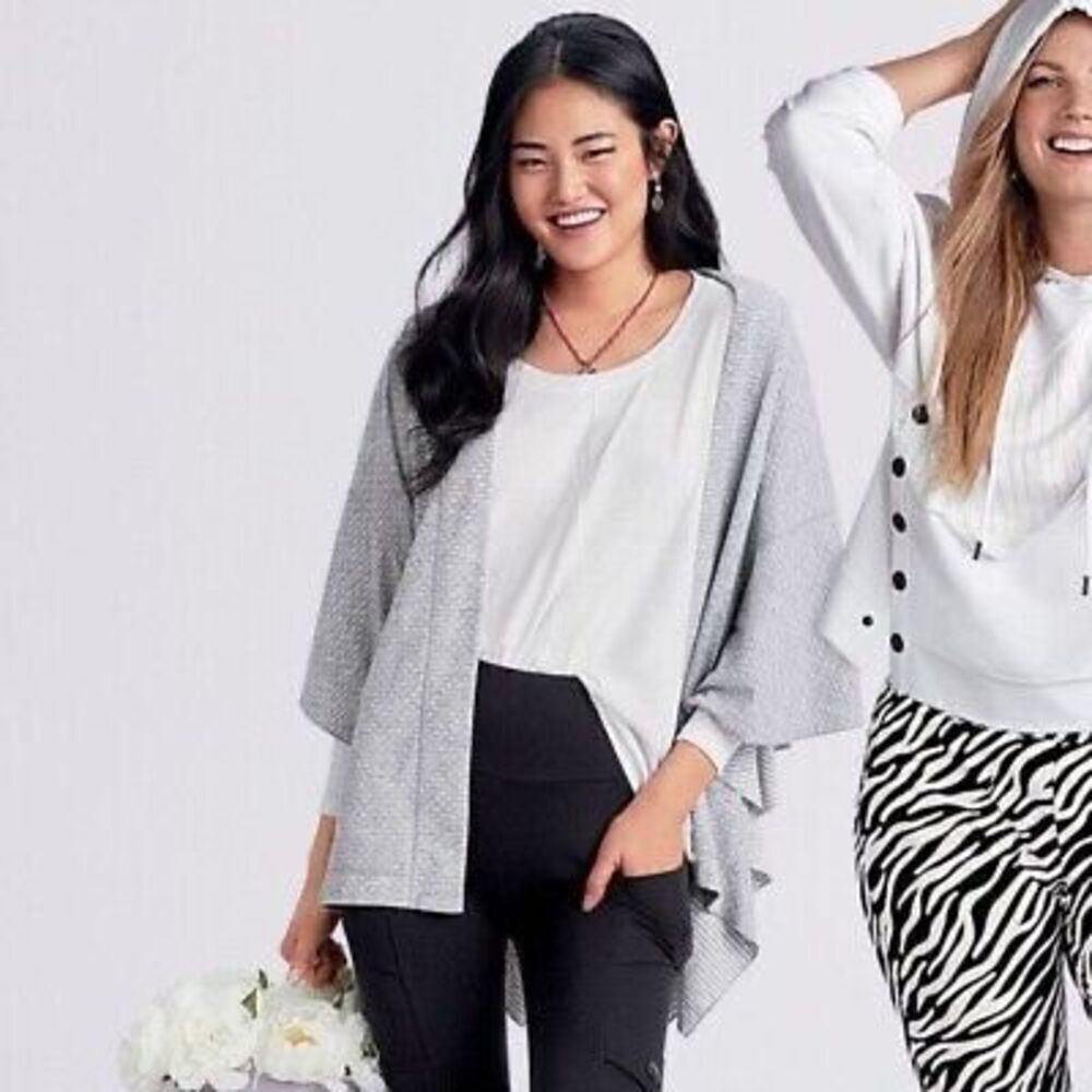 CABI 5846 ATC Reversible Cape Gray White Stripes Polka Dot Knit M/L